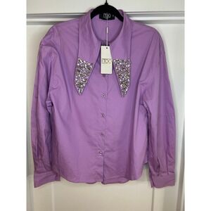 NEW I TOO Italy Purple Cotton Rhinestone Embellished Point Collar Shirt Medium